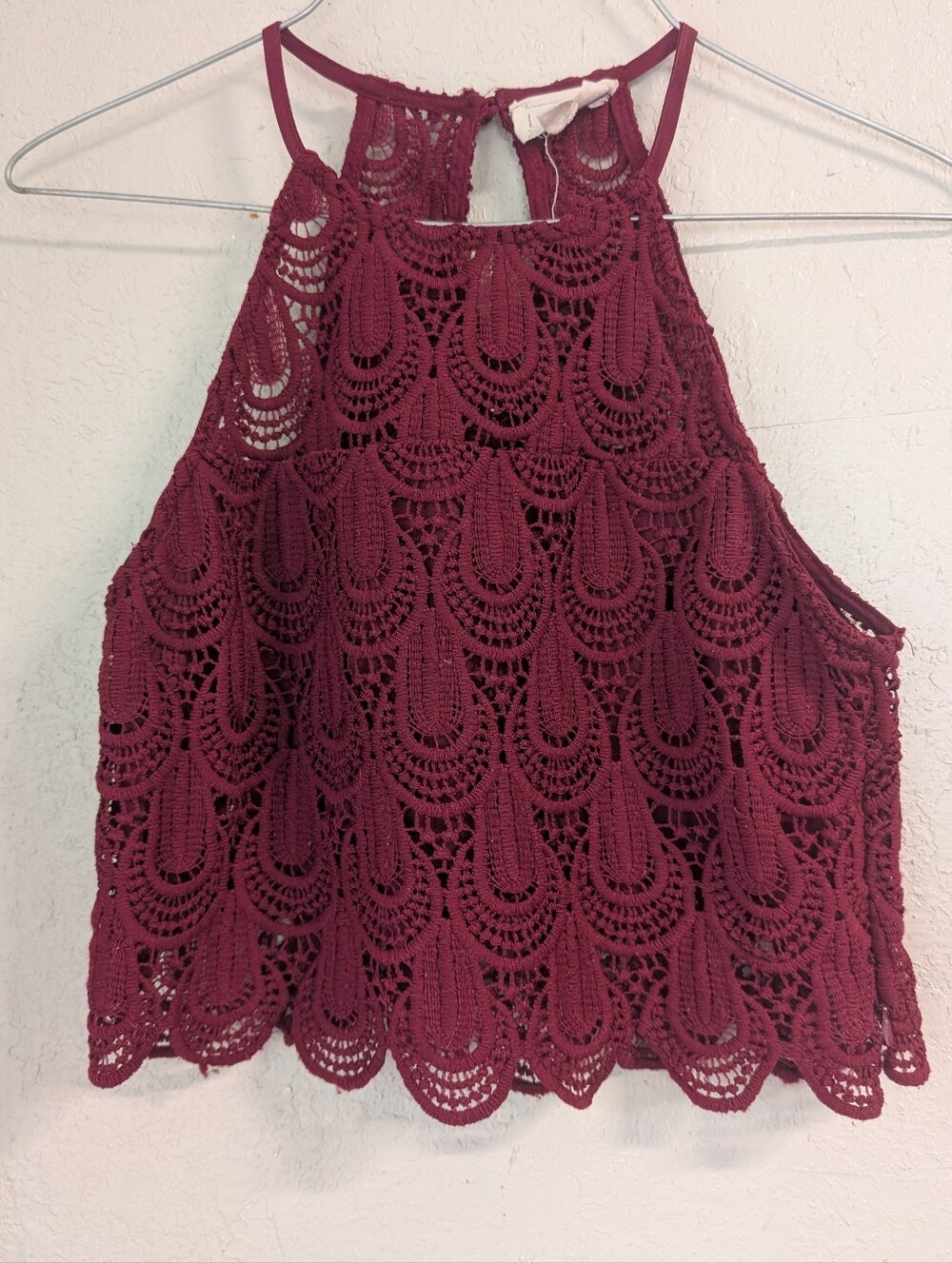 Crochet Crop Top M Burgundy Scalloped Lace Sheer Festival Boho Whimsigoth Rave